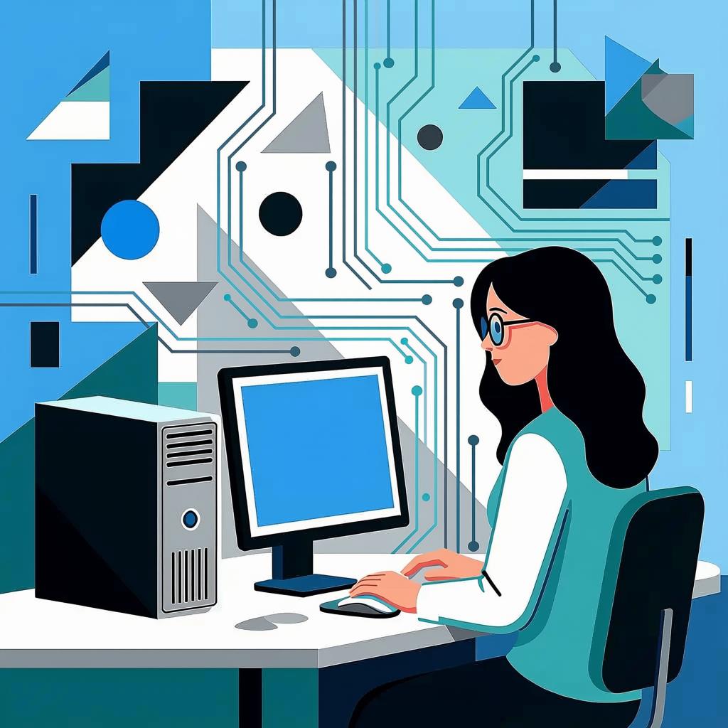 Woman working at a computer workstation